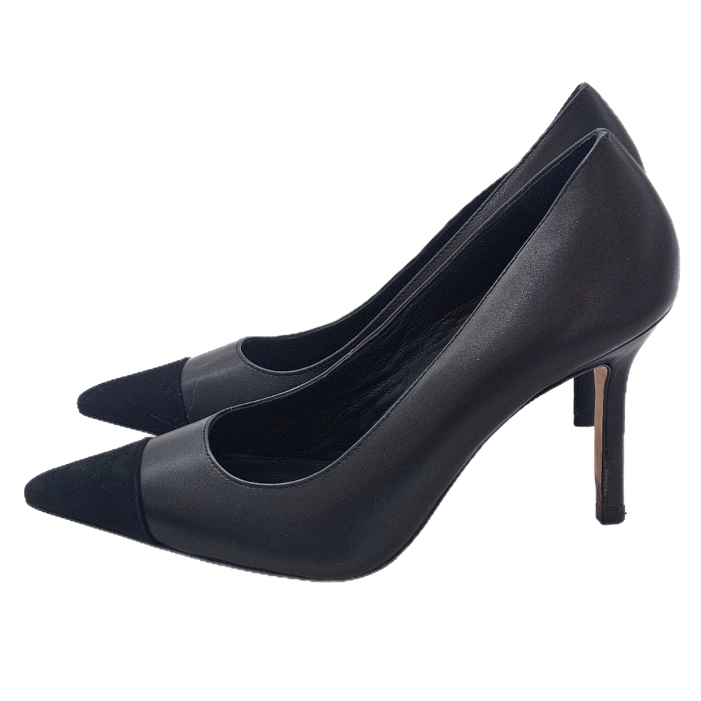 Paige Silva Pointed Cap-Toe Pump Black Leather Suede Heel Size 6.5